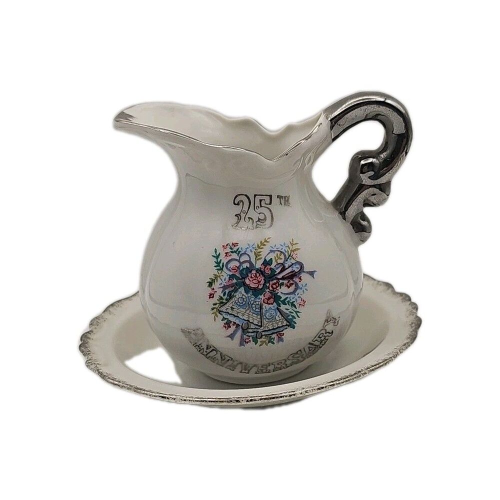 Enesco 25th Anniversary Mini Pitcher & Bowl Set Small Collectible Vintage Japan